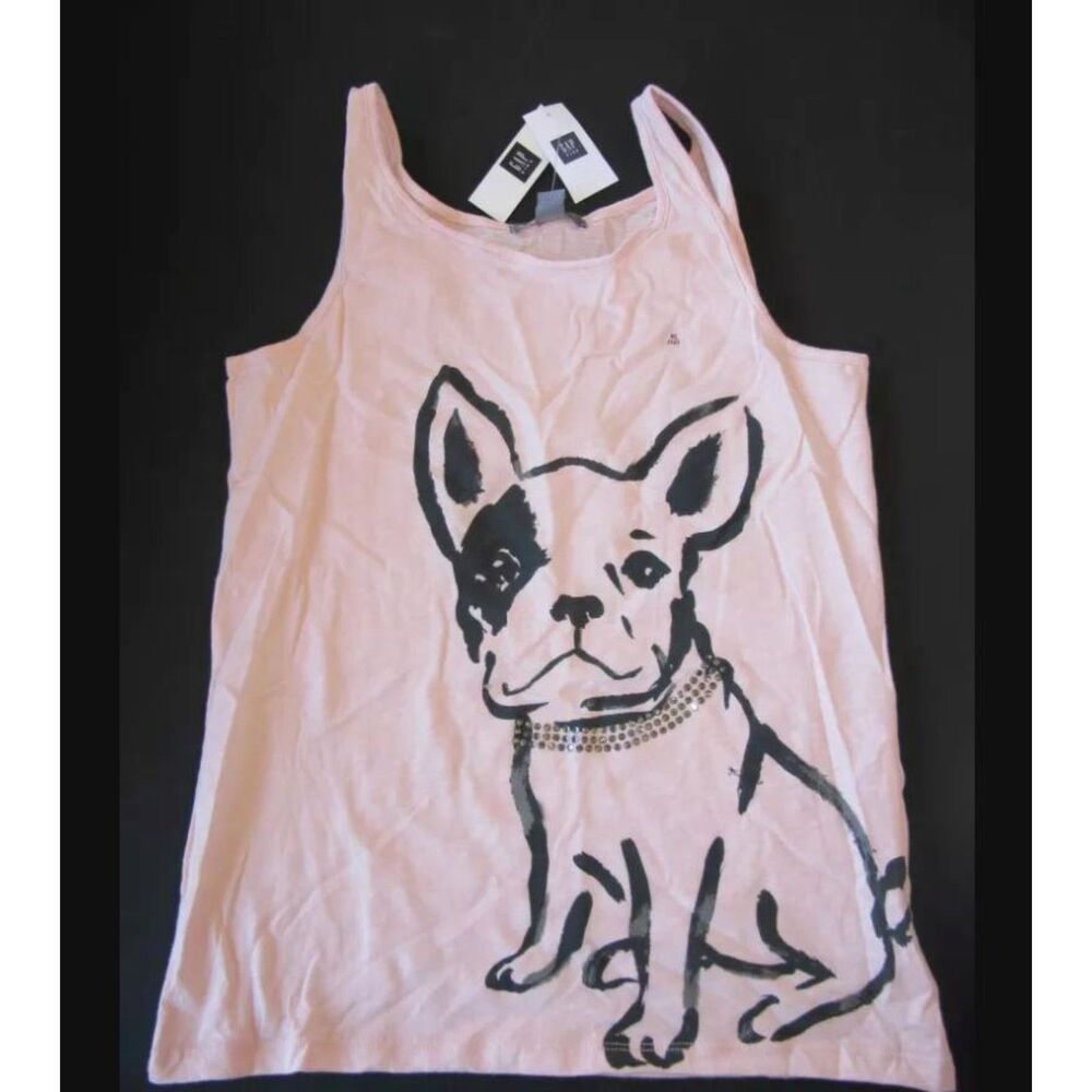 NEW Gap kids girls T-shirt 10 12 XL light pink black dog Boston terrier tank top